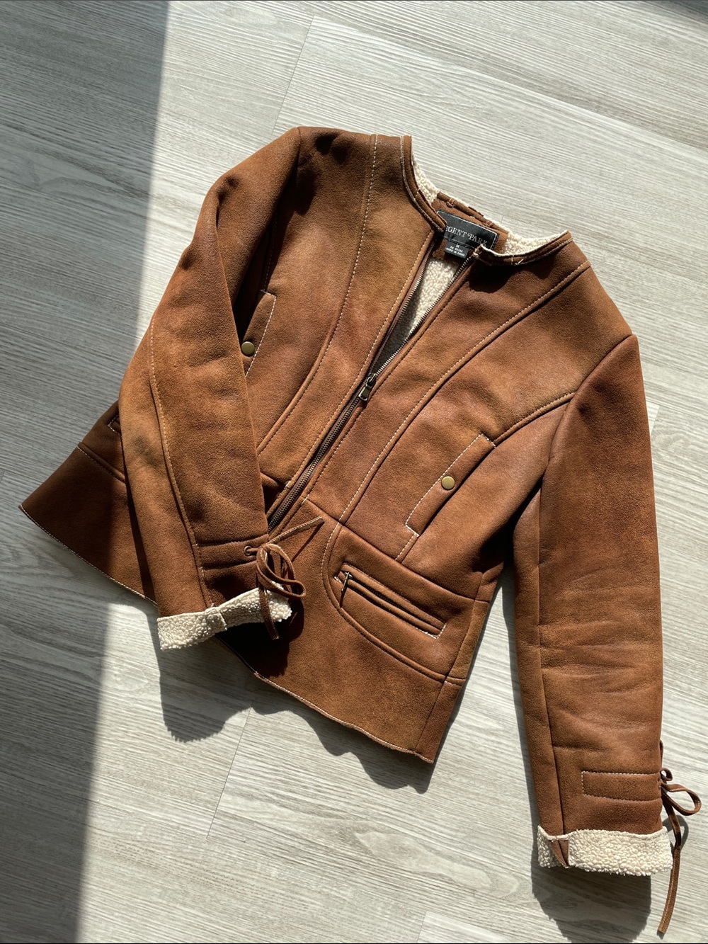 Petite Sophisticate Brown Suede Shearling-Trim Leather Jacket